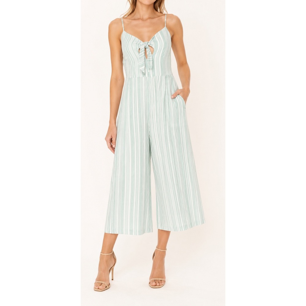 MINKPINK Low Tide Sage Stripe Tie Front Wide Leg Jumpsuit Small
